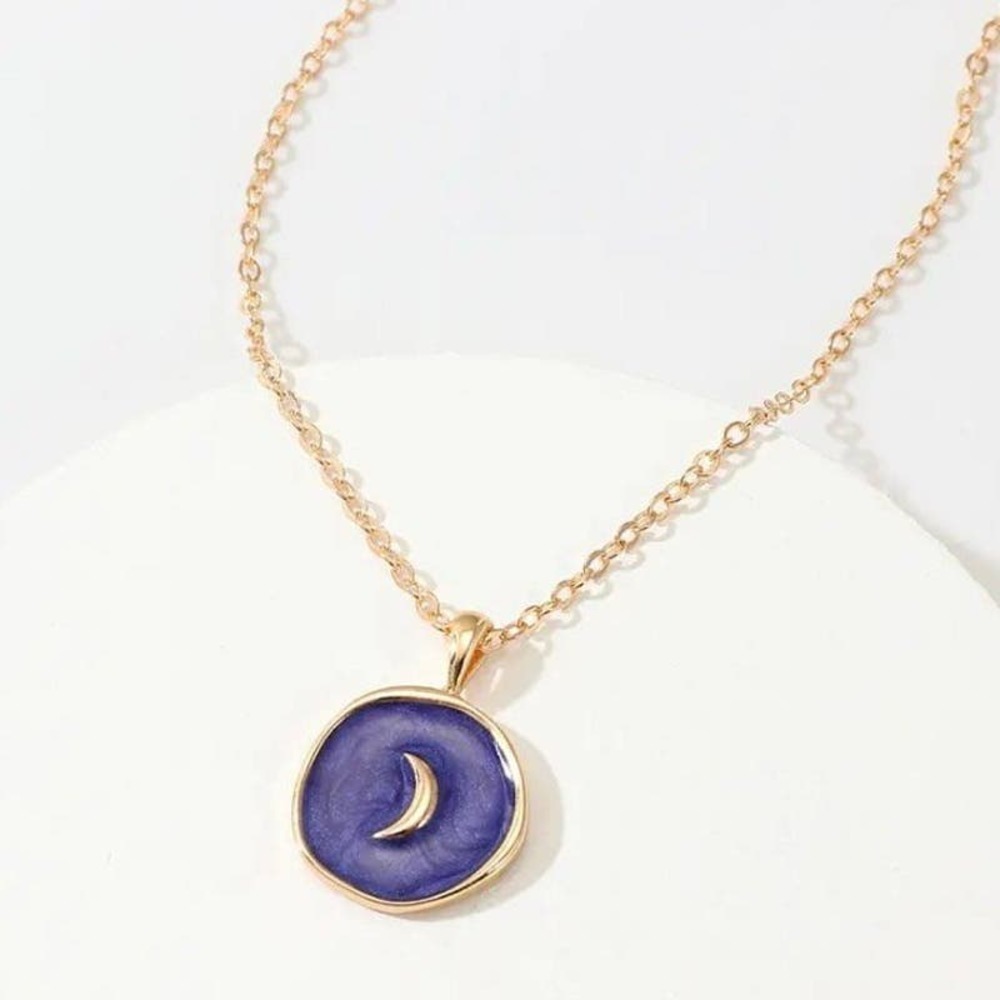 Indigo Resin Purple Crescent Moon Necklace Gold Tone
